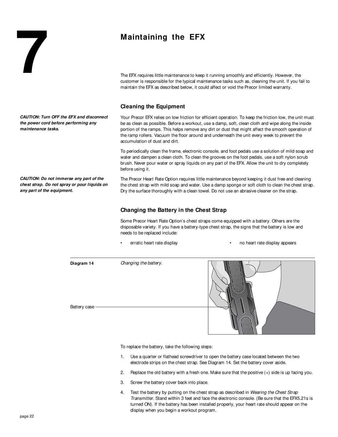 Precor EFX5.21s Maintaining the EFX, Cleaning the Equipment, Changing the Battery in the Chest Strap, Changing the battery 