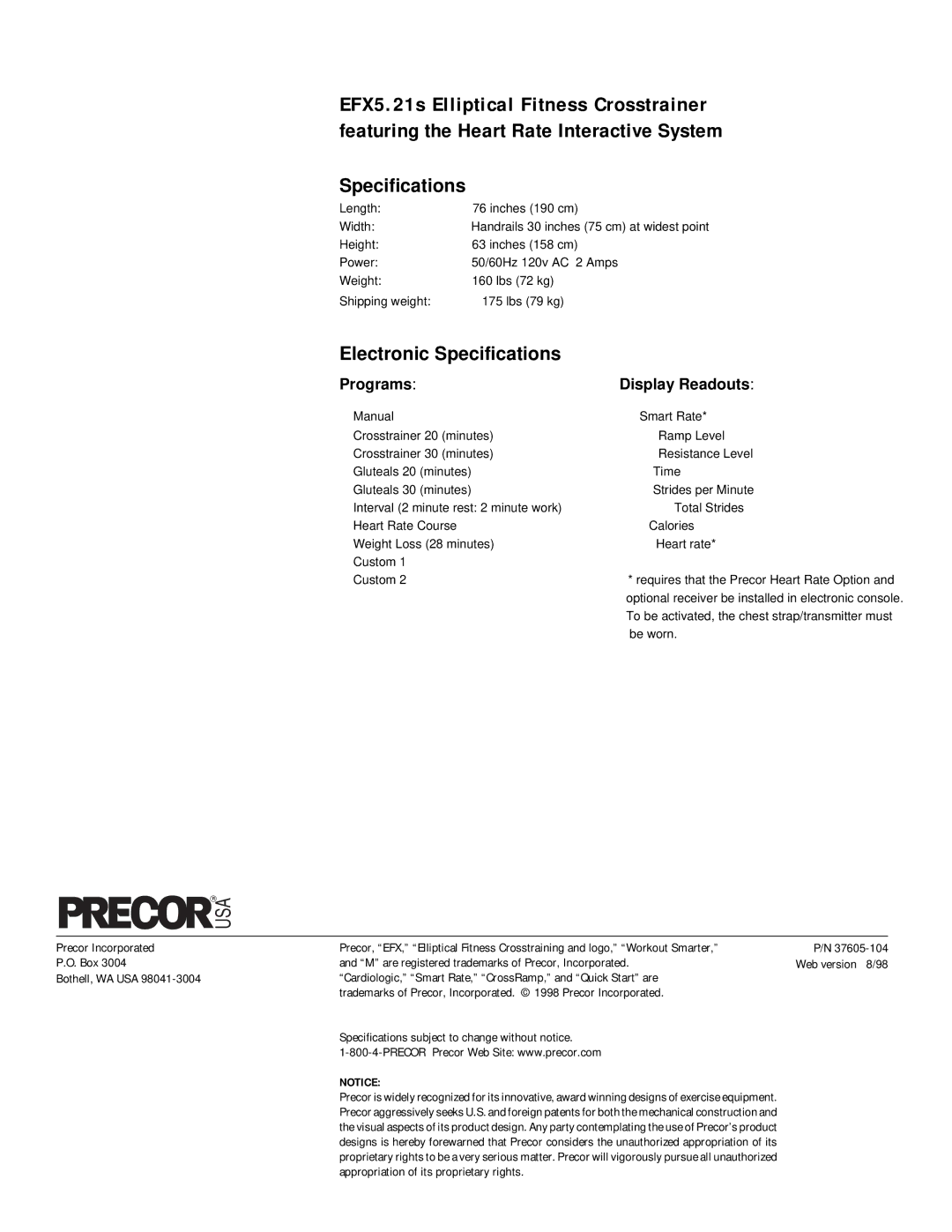 Precor EFX5.21s owner manual Electronic Specifications, Programs Display Readouts 