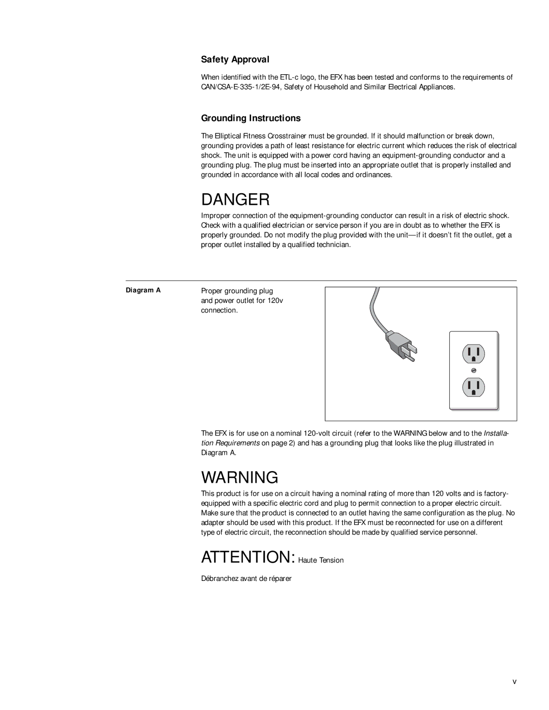 Precor EFX5.21s owner manual Safety Approval, Grounding Instructions, Connection, Débranchez avant de réparer 