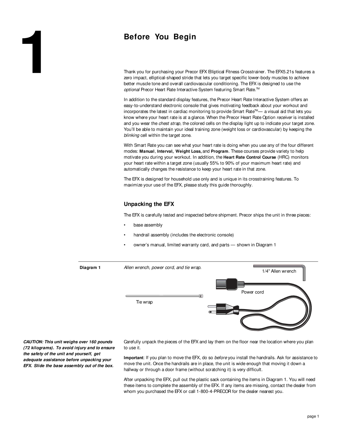 Precor EFX5.21s Before You Begin, Unpacking the EFX, Allen wrench, power cord, and tie wrap, Power cord, Tie wrap 