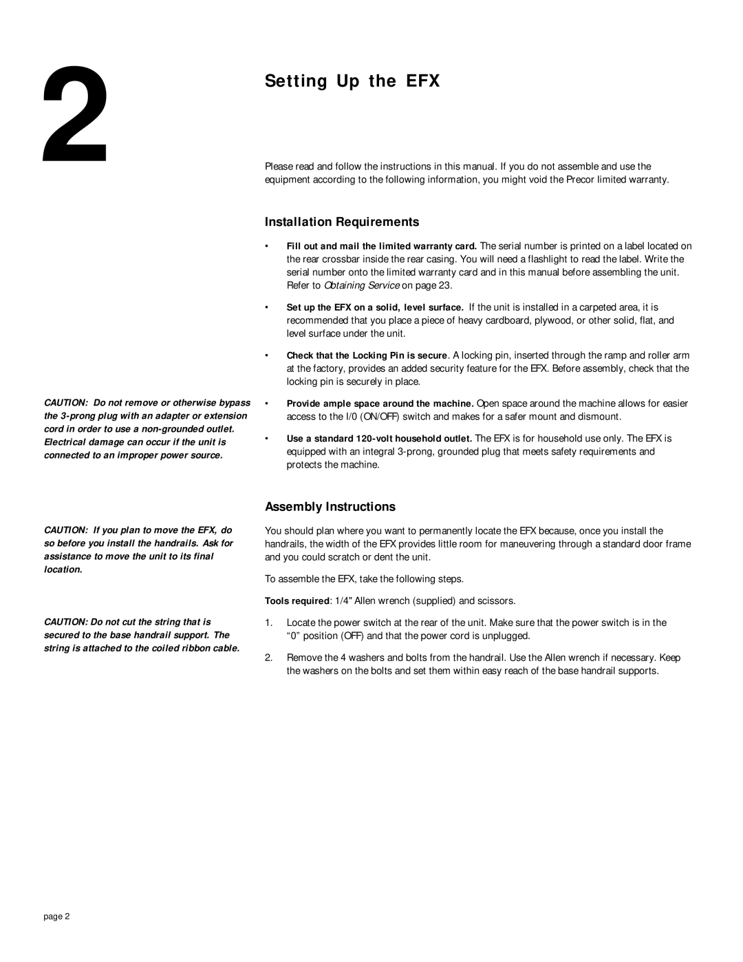 Precor EFX5.21s owner manual Setting Up the EFX, Installation Requirements, Assembly Instructions 