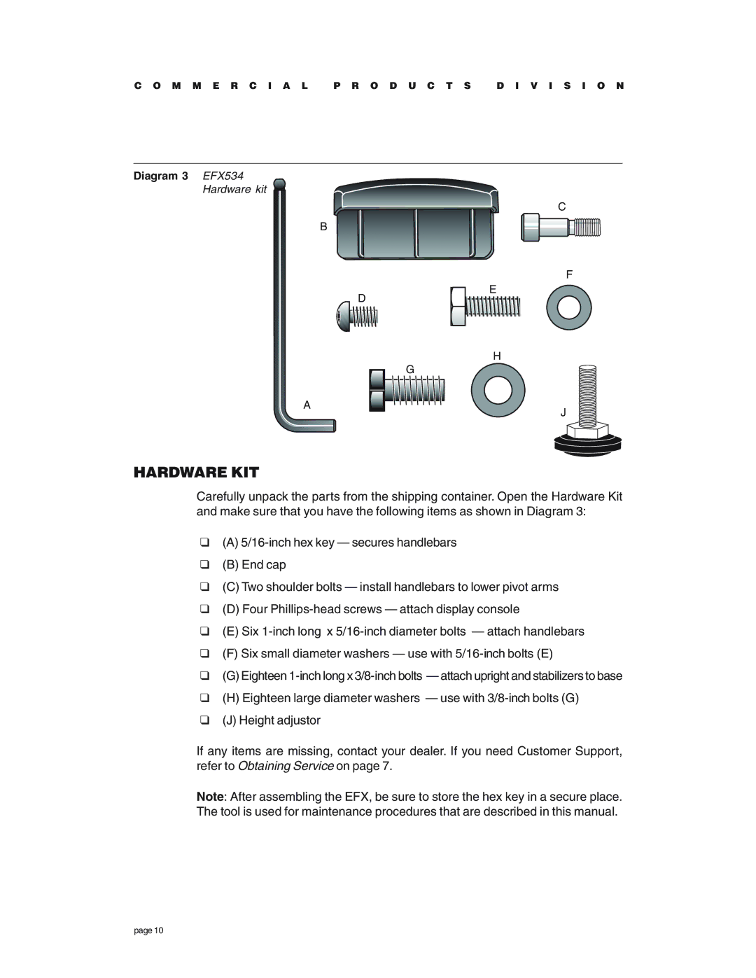 Precor EFX534 owner manual Hardware KIT 