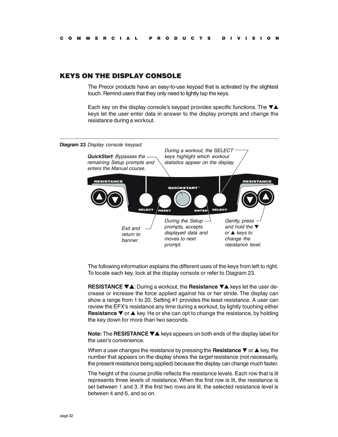 Precor EFX534 owner manual Keys on the Display Console 