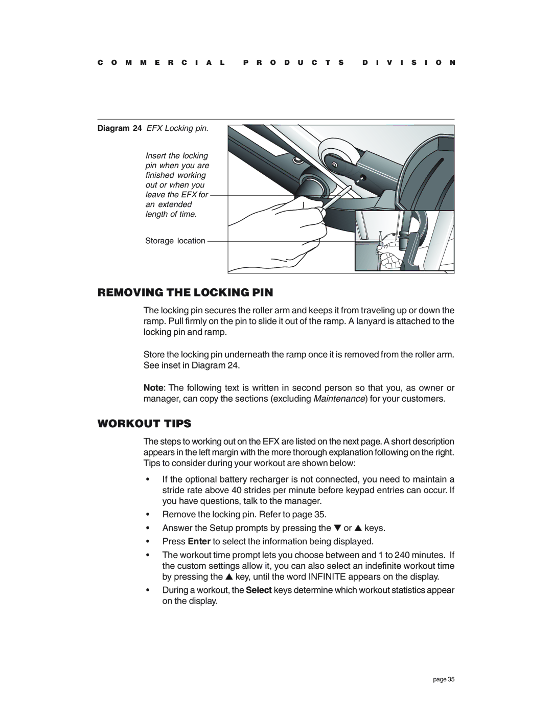 Precor EFX534 owner manual Removing the Locking PIN, Workout Tips 