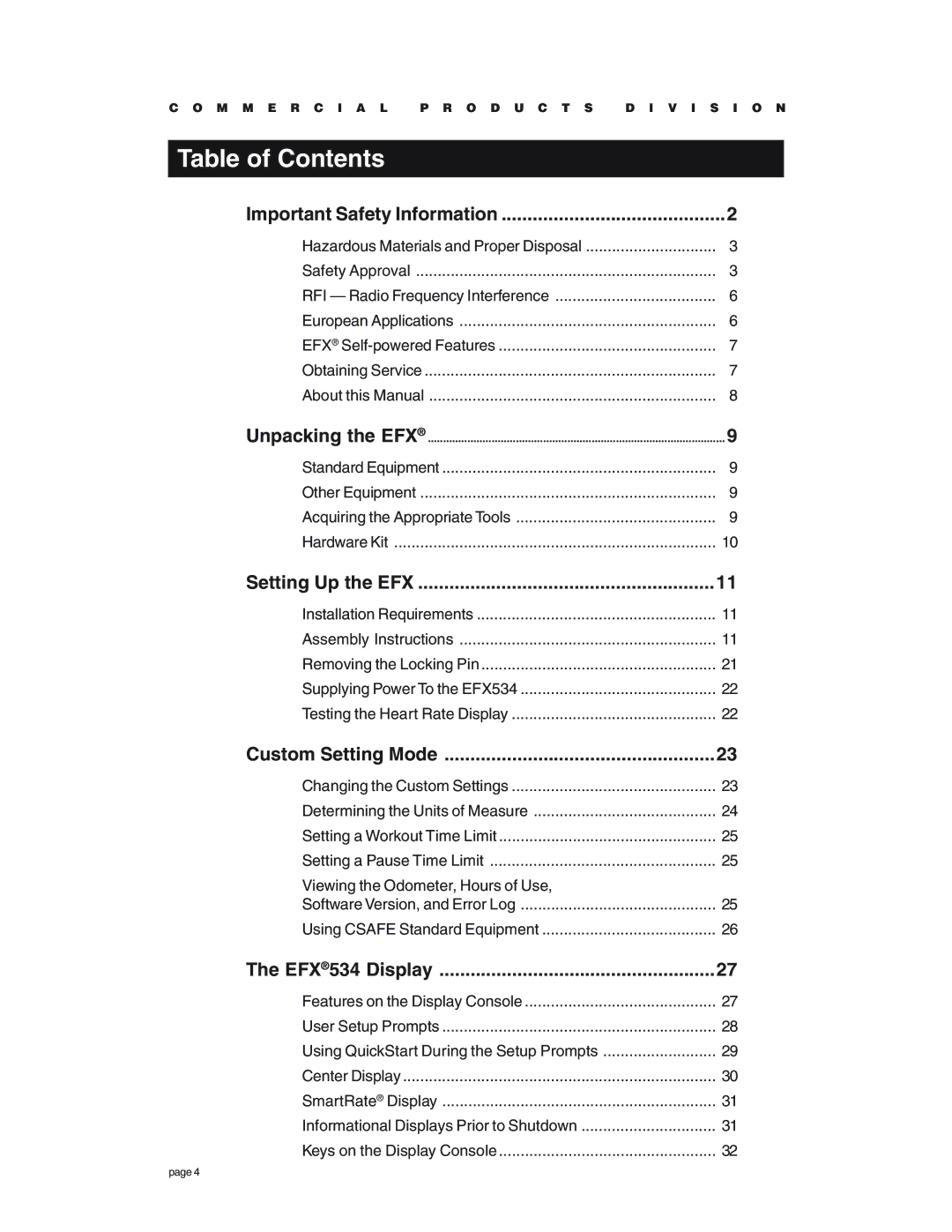 Precor EFX534 owner manual Table of Contents 