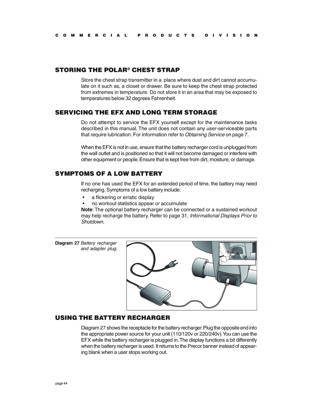 Precor EFX534 Storing the Polar Chest Strap, Servicing the EFX and Long Term Storage, Symptoms of a LOW Battery 