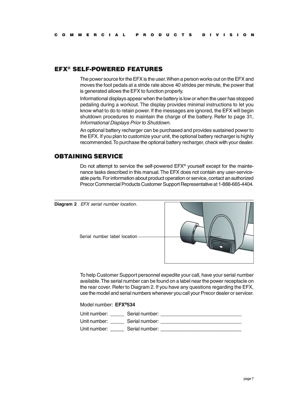 Precor EFX534 owner manual EFX SELF-POWERED Features, Obtaining Service 