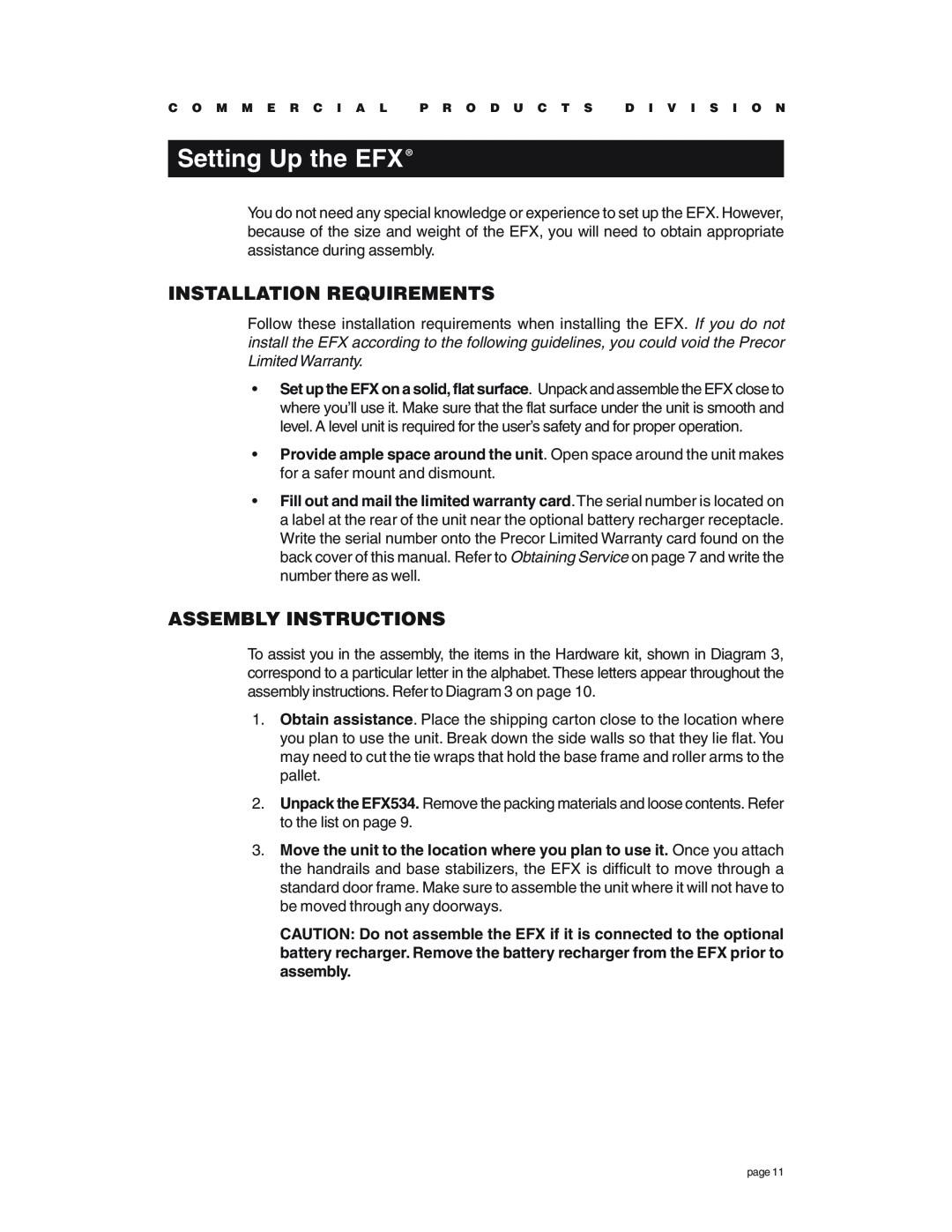 Precor EFX534 owner manual Setting Up the EFX, Installation Requirements, Assembly Instructions 