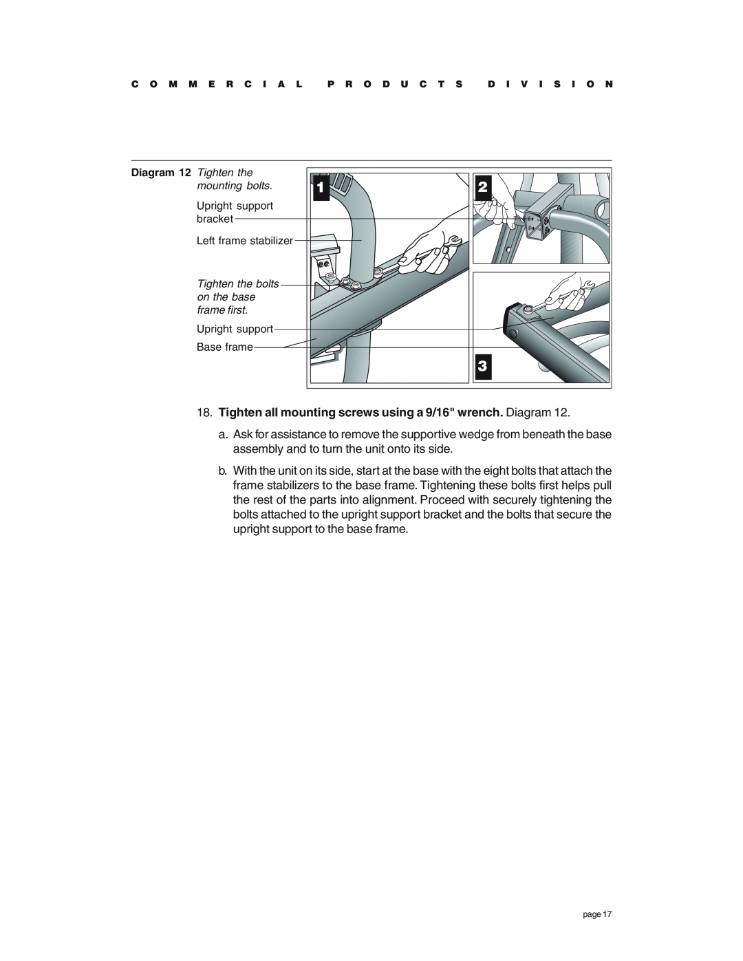 Precor EFX534 owner manual Tighten all mounting screws using a 9/16 wrench. Diagram, Diagram 12 Tighten the 