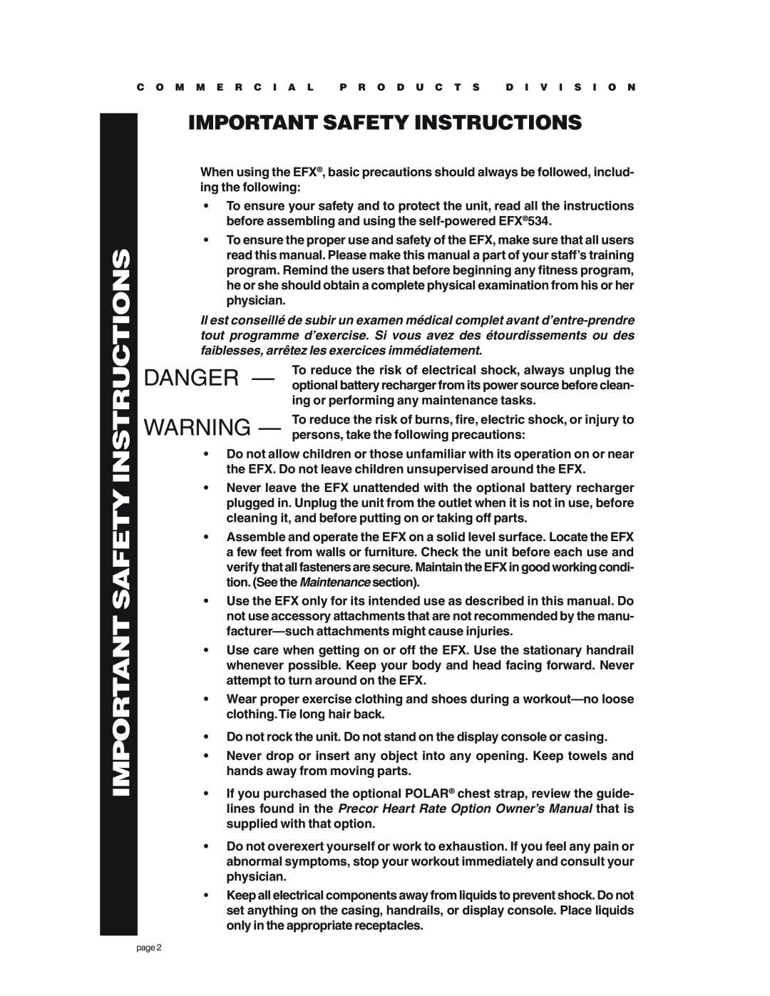 Precor EFX534 owner manual Important Safety Instructions, ing or performing any maintenance tasks 