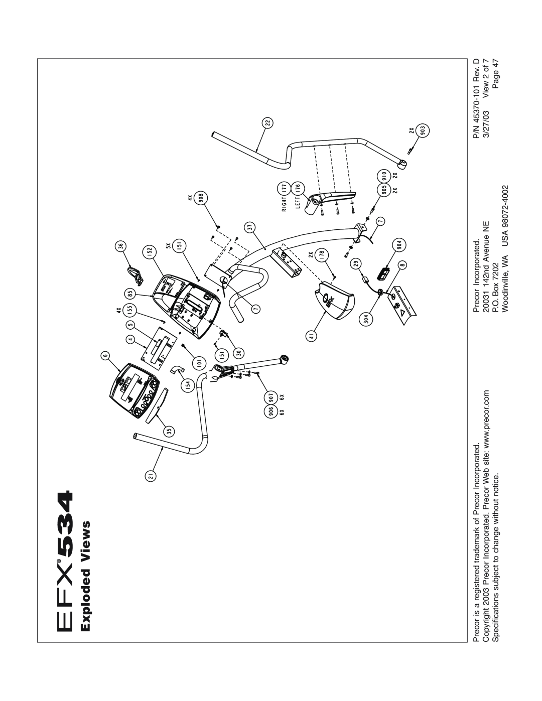 Precor EFX534 Exploded Views, Precor is a registered trademark of Precor Incorporated, 20031 142nd Avenue NE, P.O. Box 