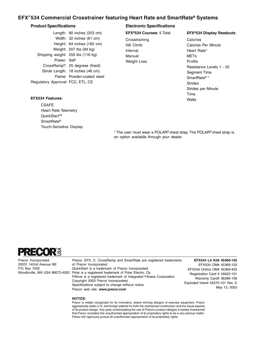 Precor owner manual Product Specifications, Electronic Specifications, EFX534 Features, EFX534 Courses 5 Total 