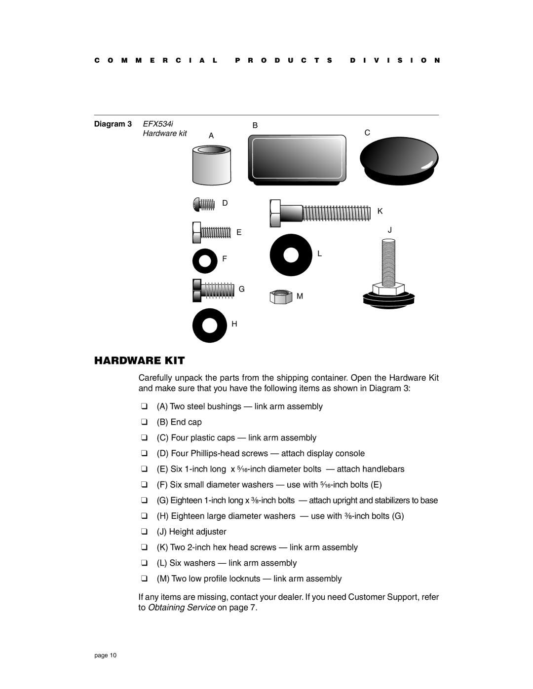 Precor EFX534i t owner manual Hardware KIT, Hardware kit 