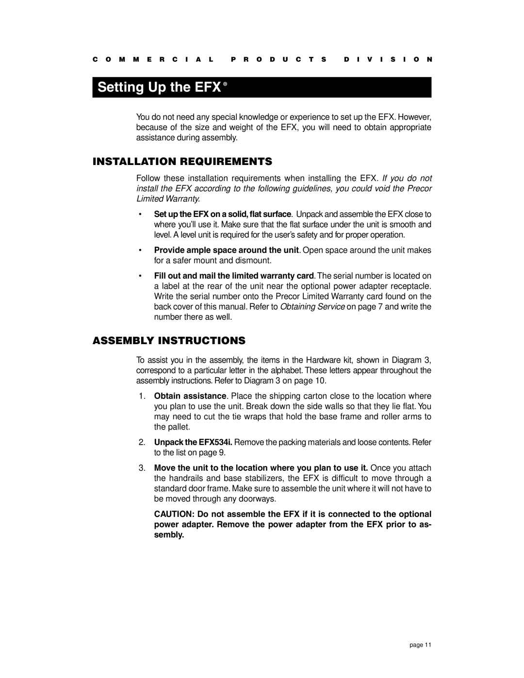 Precor EFX534i t owner manual Setting Up the EFX, Installation Requirements, Assembly Instructions 