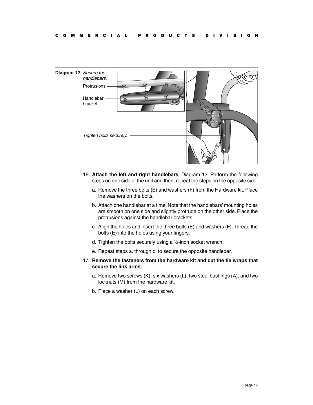 Precor EFX534i t owner manual Diagram 12 Secure, Handlebars Protrusions Bracket Tighten bolts securely 