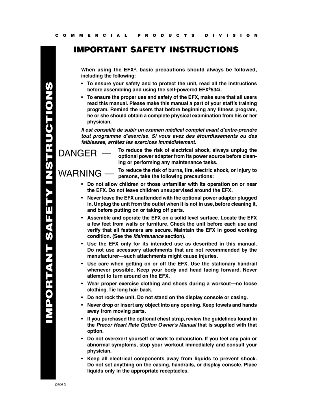 Precor EFX534i t owner manual Important Safety Instructions 