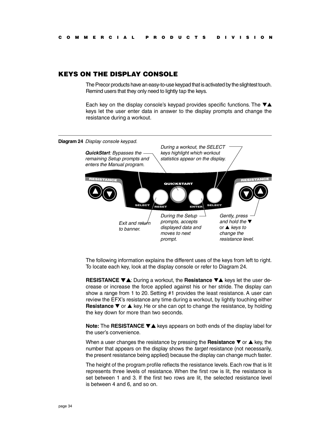 Precor EFX534i t owner manual Keys on the Display Console, Diagram 24 Display console keypad 