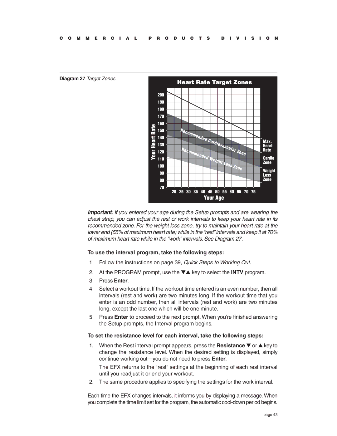 Precor EFX534i t owner manual To use the interval program, take the following steps, Diagram 27 Target Zones 