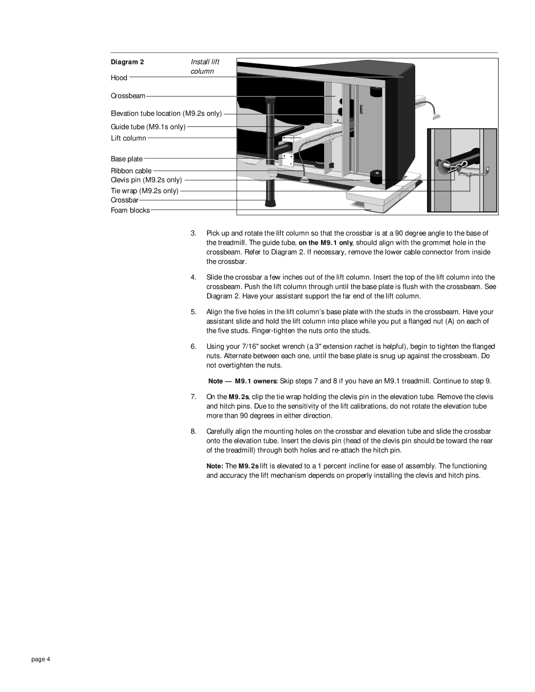 Precor M 9.2s, M 9.1 owner manual Install lift, Column 