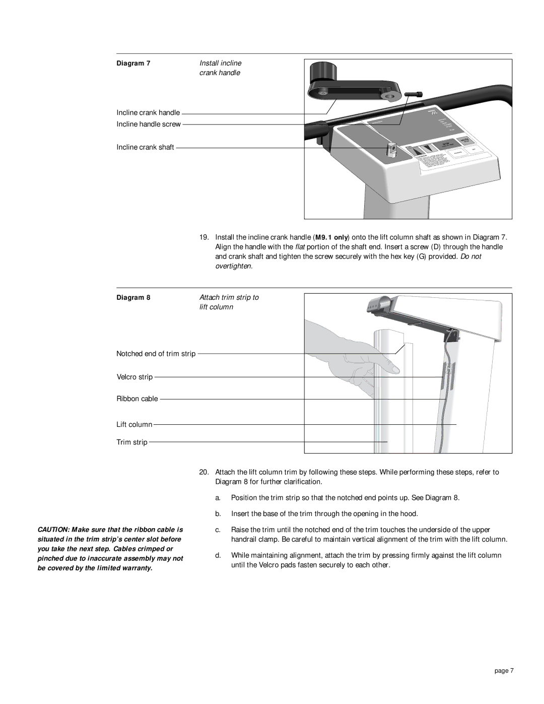 Precor M 9.1, M 9.2s owner manual Overtighten, Attach trim strip to, Lift column 