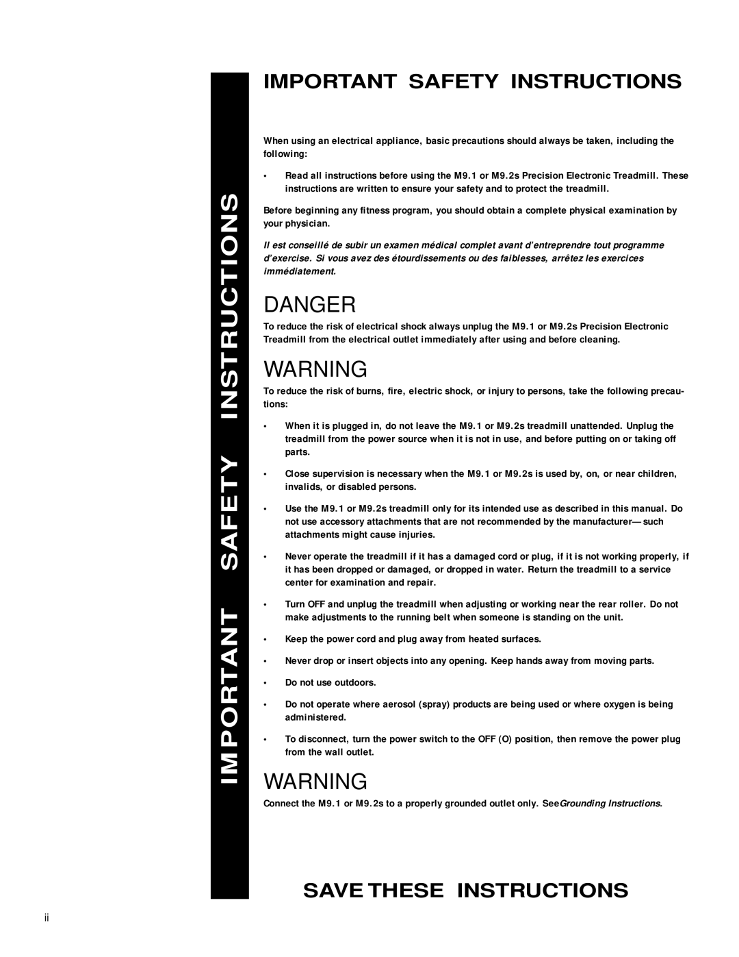 Precor M 9.2s, M 9.1 owner manual Important Safety Instructions 