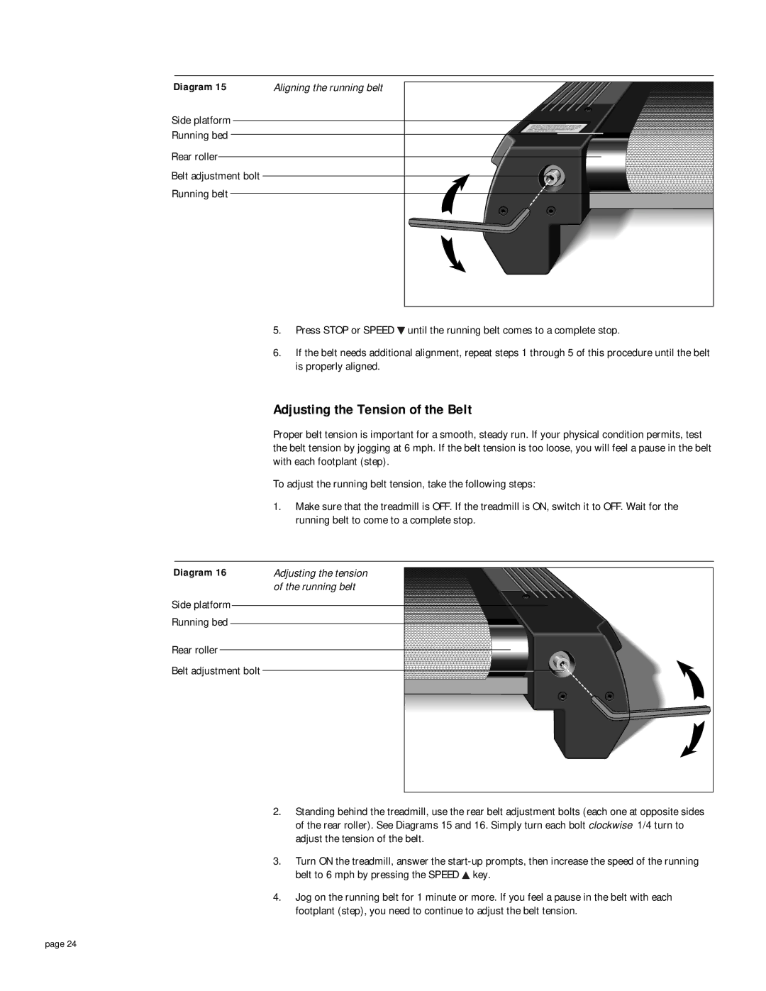 Precor M 9.2s, M 9.1 owner manual Adjusting the Tension of the Belt, Running belt, Side platform Running bed Rear roller 