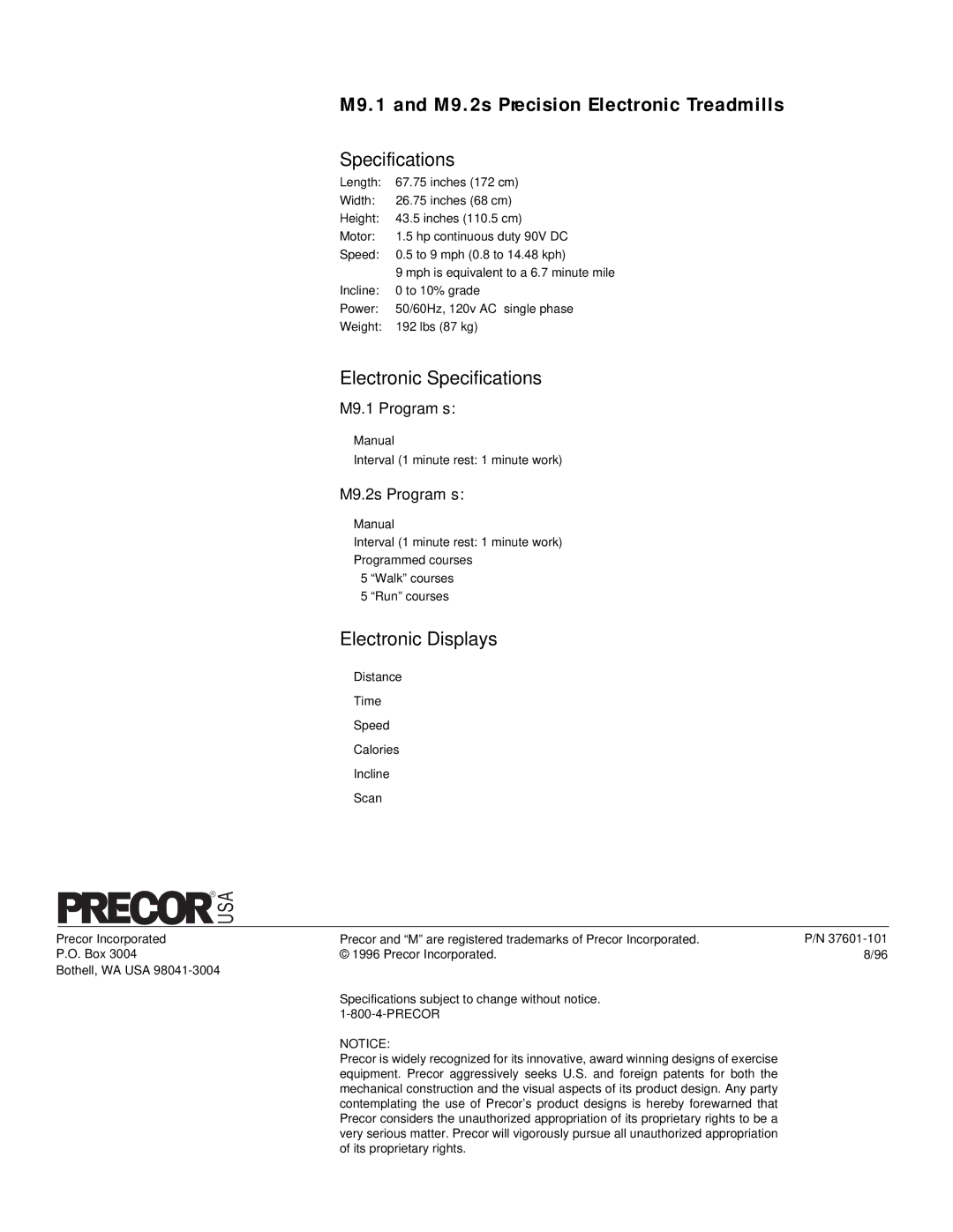 Precor M 9.2s, M 9.1 owner manual Electronic Specifications, Electronic Displays 