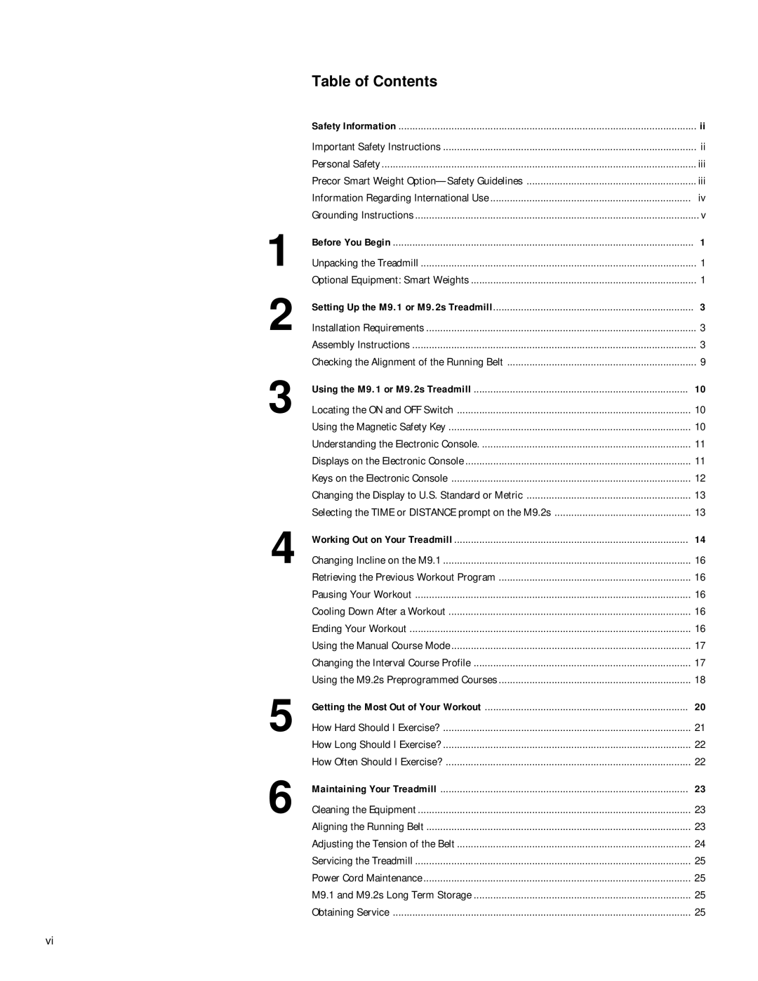 Precor M 9.2s, M 9.1 owner manual Table of Contents 