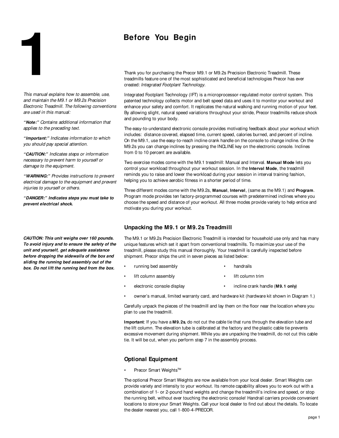 Precor M 9.1, M 9.2s owner manual Before You Begin, Unpacking the M9.1 or M9.2s Treadmill, Optional Equipment 