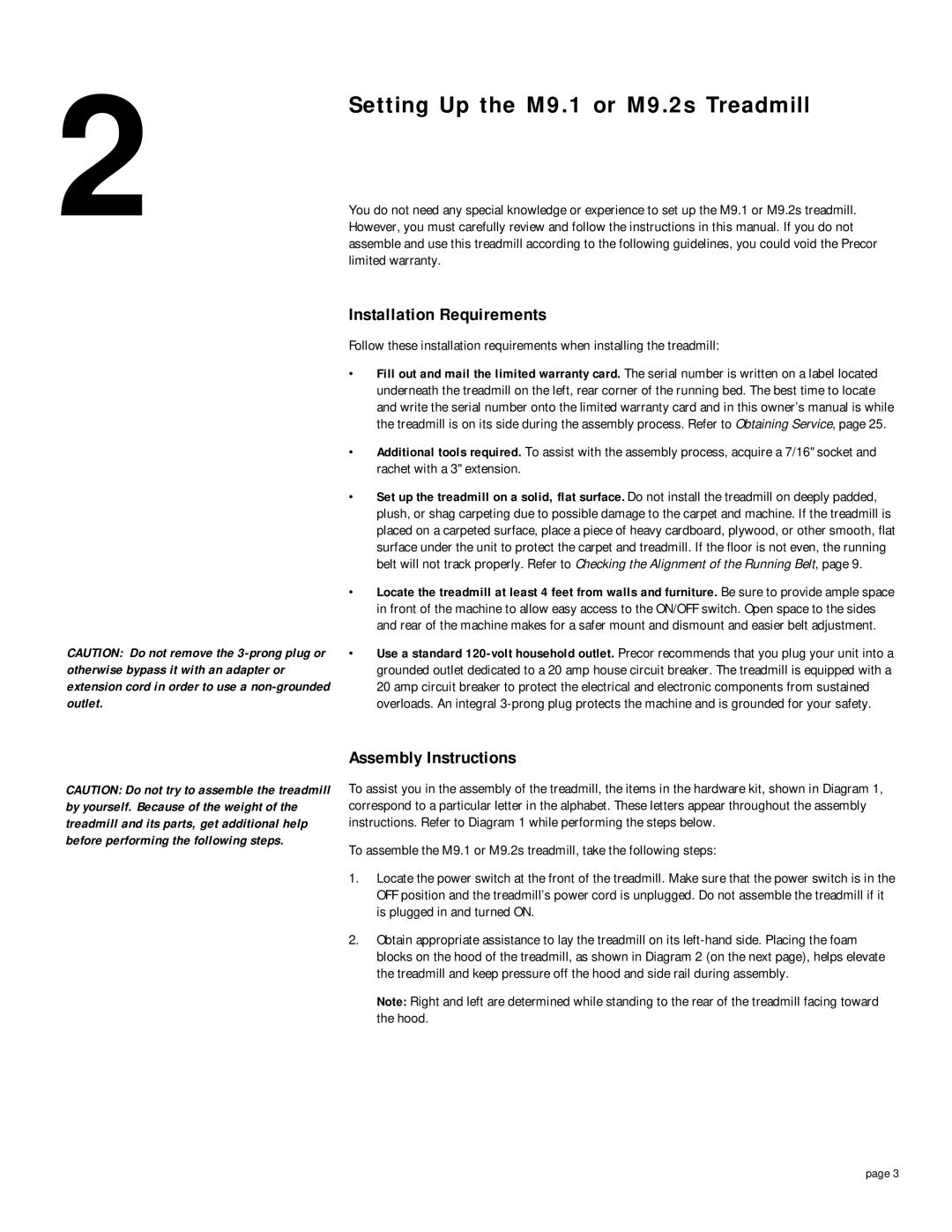 Precor M 9.1, M 9.2s owner manual Setting Up the M9.1 or M9.2s Treadmill, Installation Requirements, Assembly Instructions 