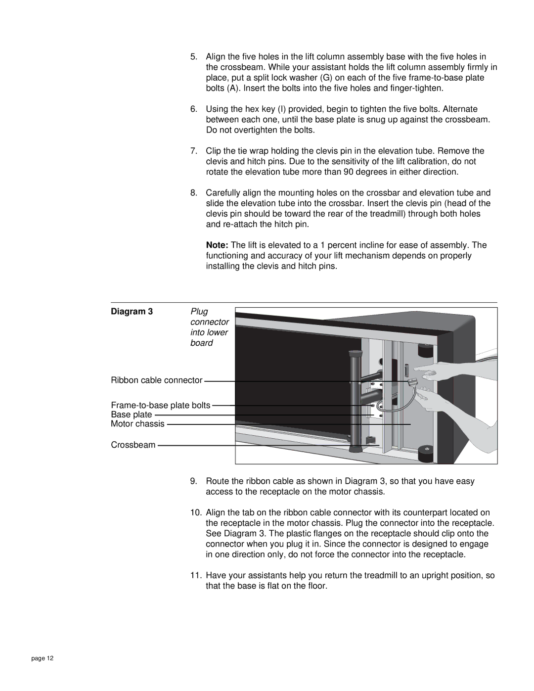 Precor M9.20s owner manual Plug, Connector, Into lower, Board, Ribbon cable connector, Frame-to-base plate bolts 