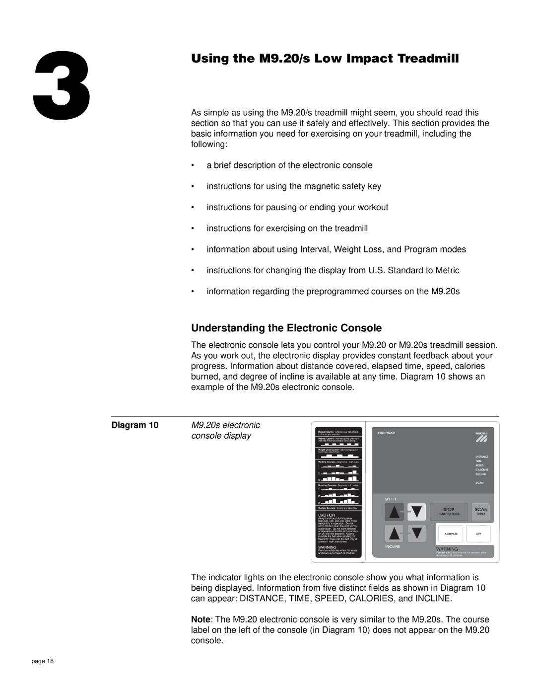 Precor owner manual Using the M9.20/s Low Impact Treadmill, Understanding the Electronic Console, M9.20s electronic 