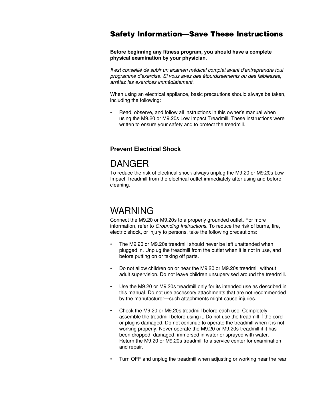 Precor M9.20s owner manual Safety Information-Save These Instructions, Prevent Electrical Shock 