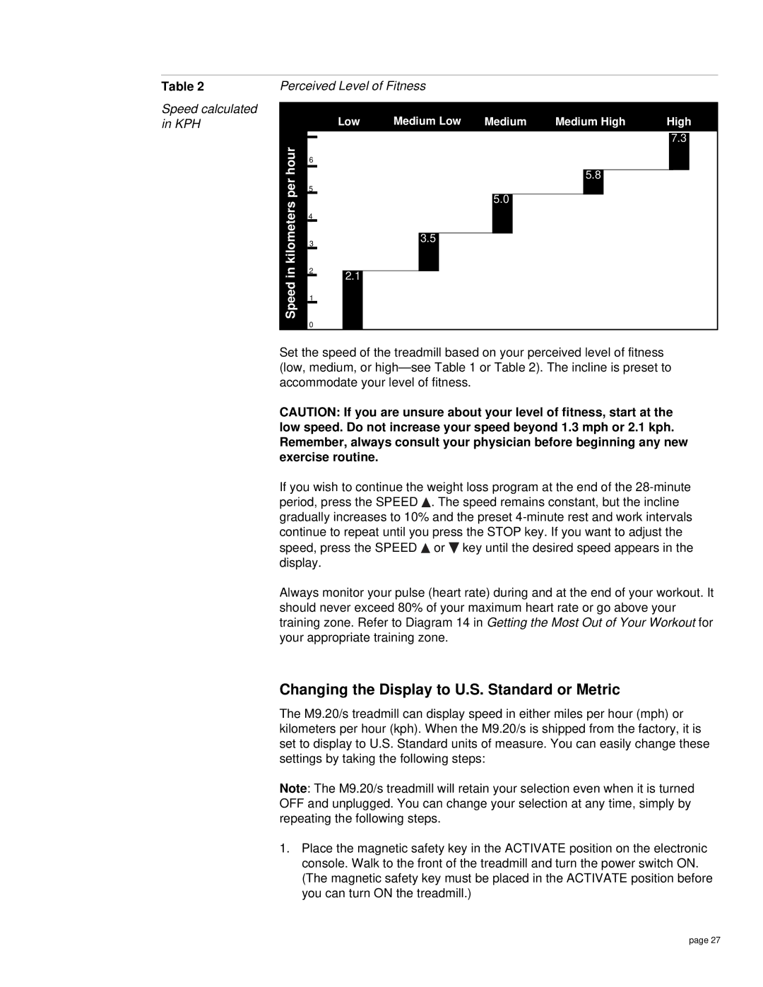 Precor M9.20s Changing the Display to U.S. Standard or Metric, Speed calculated in KPH Perceived Level of Fitness 