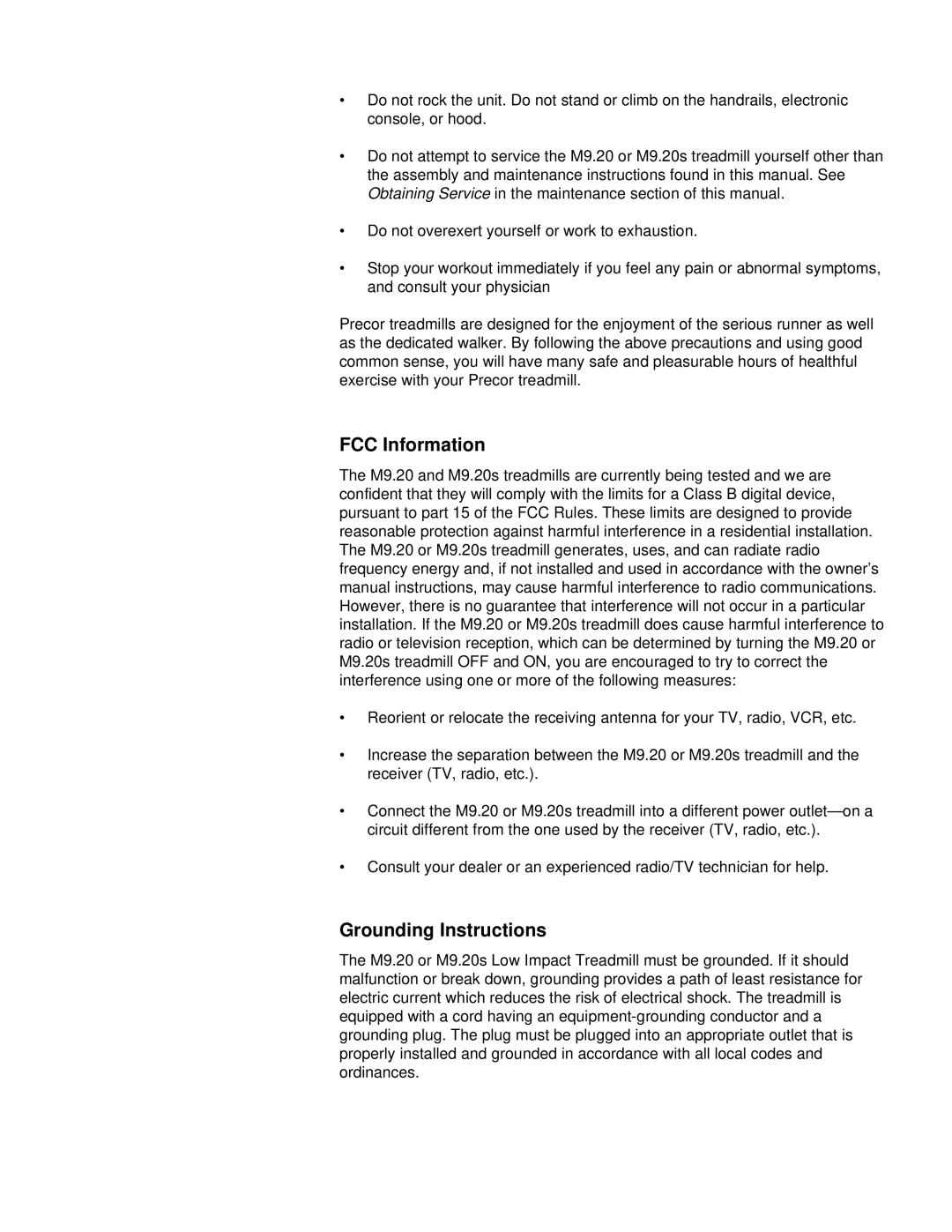 Precor M9.20s owner manual FCC Information, Grounding Instructions 