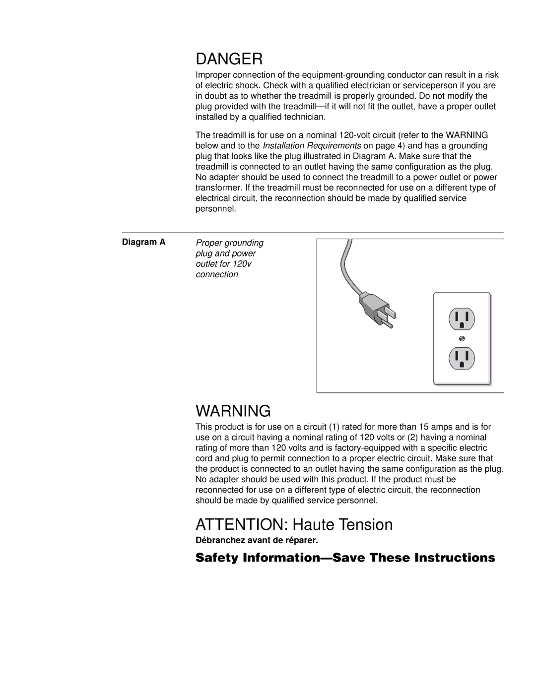 Precor M9.20s owner manual Diagram a, Proper grounding Plug and power Outlet for Connection 