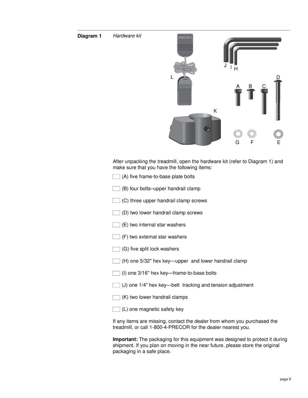 Precor M9.20s owner manual Hardware kit 