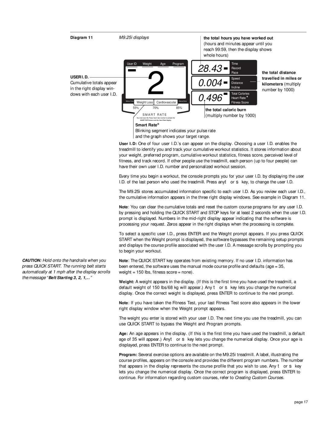 Precor M9.25i owner manual Total caloric burn, Smart Rate 