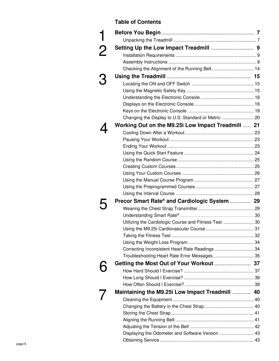 Precor Table of Contents, Setting Up the Low Impact Treadmill, Working Out on the M9.25i Low Impact Treadmill 