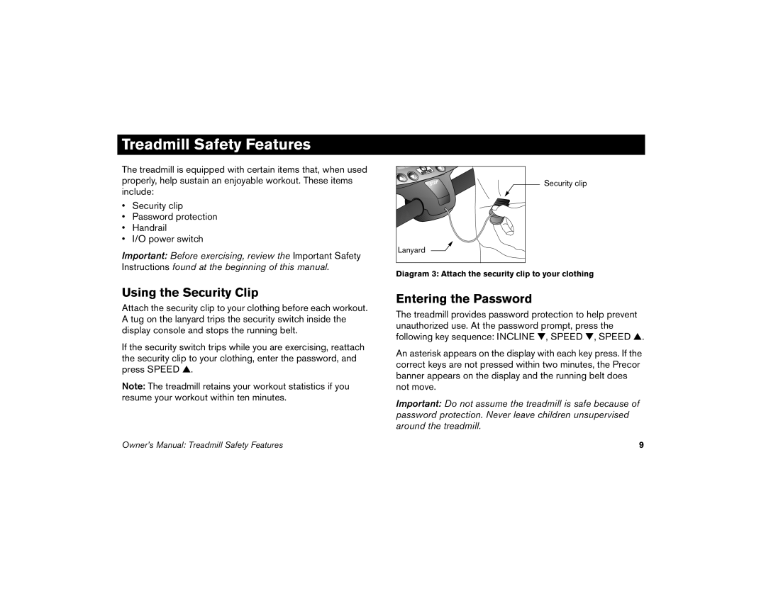 Precor M9.33 manual Using the Security Clip, Entering the Password 