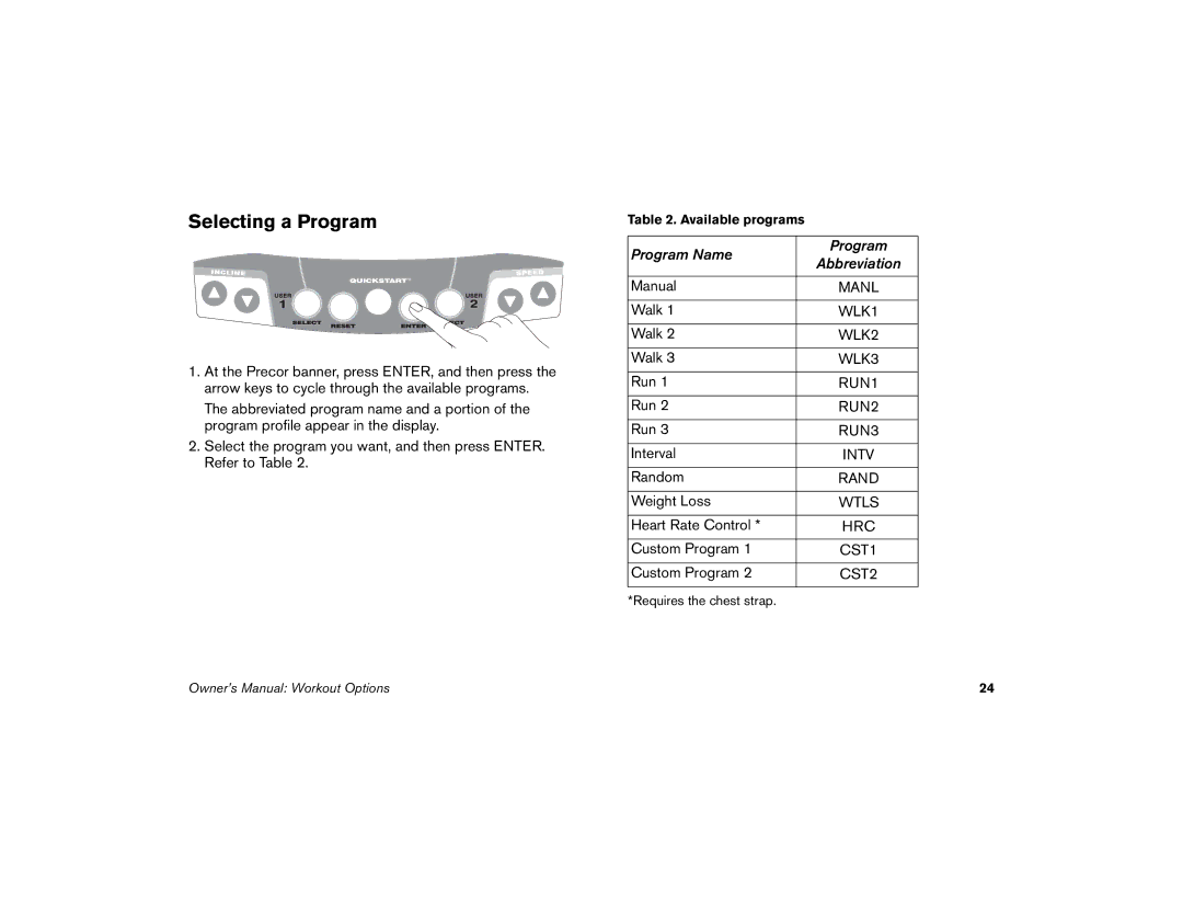 Precor M9.33 manual Selecting a Program, CST2 