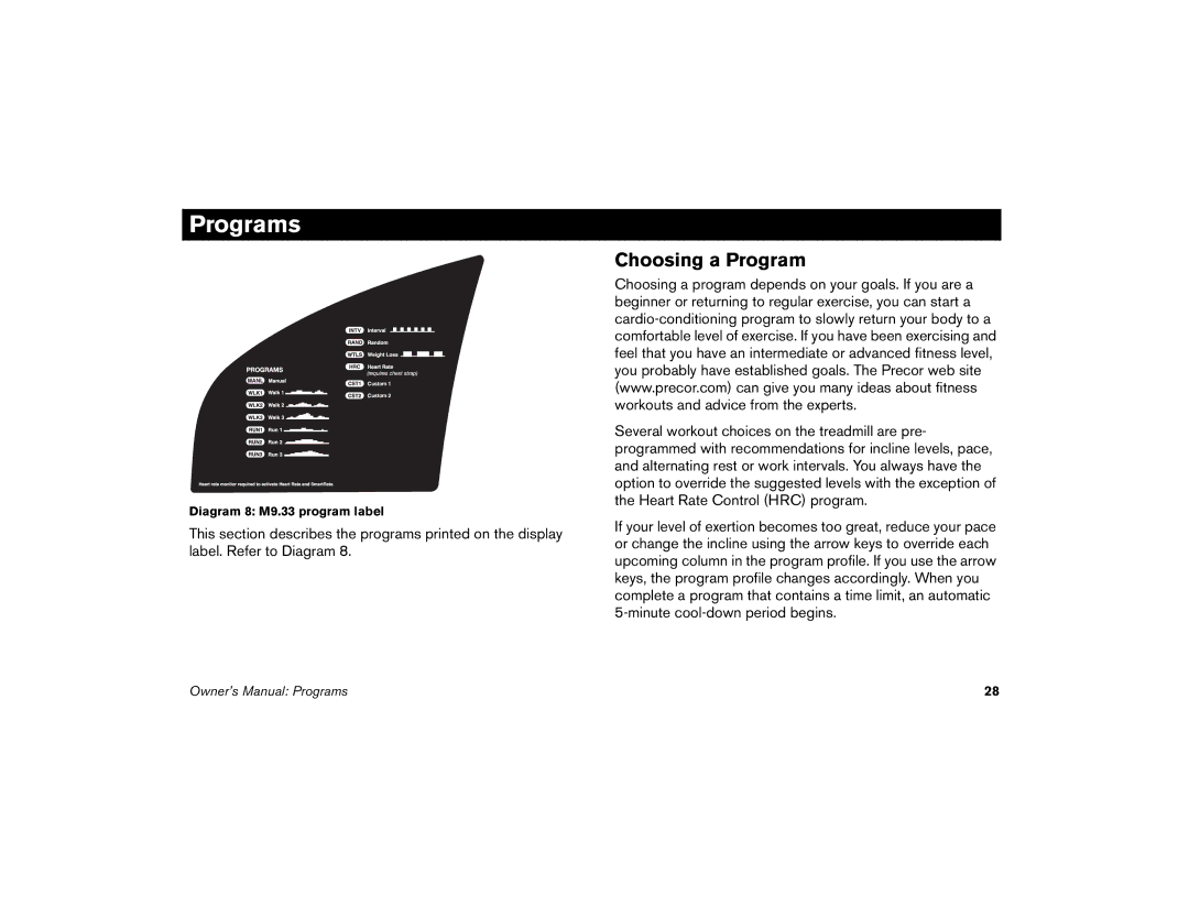 Precor M9.33 manual Programs, Choosing a Program 