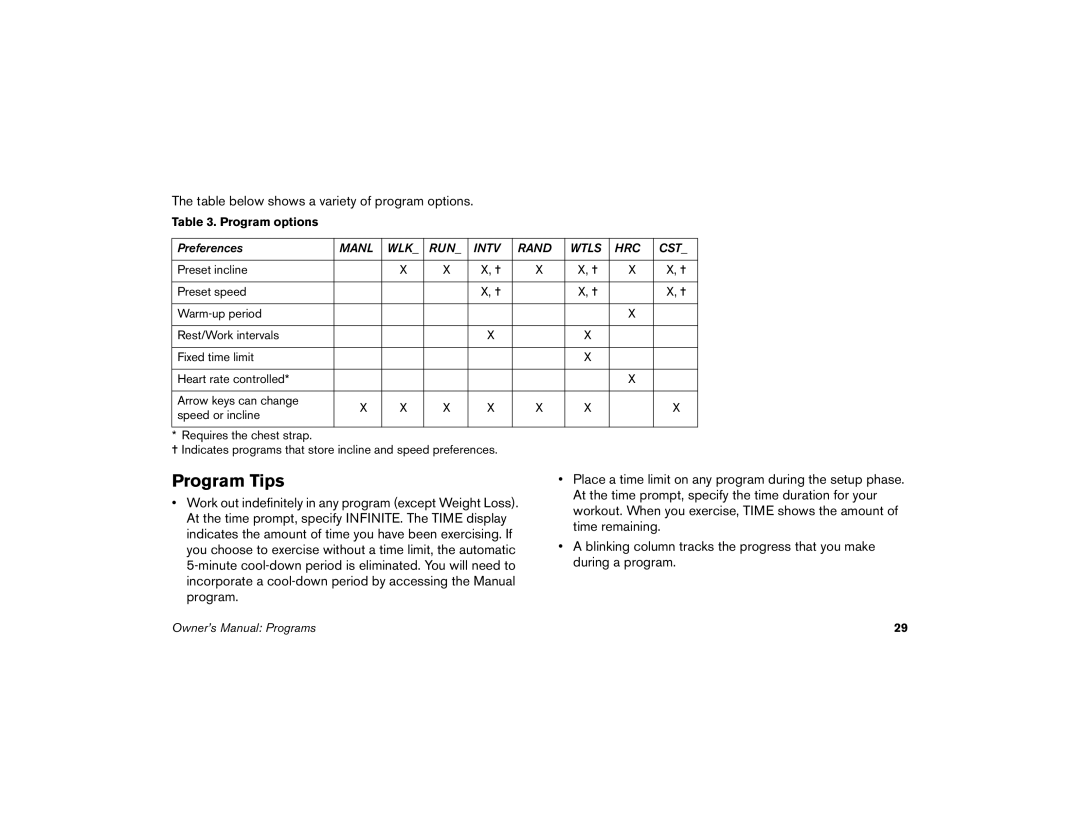 Precor M9.33 manual Program Tips, Table below shows a variety of program options 