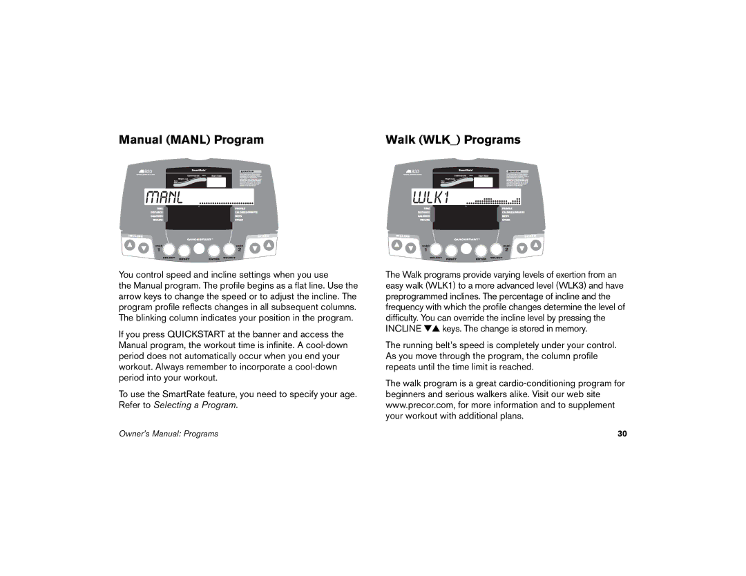 Precor M9.33 manual Manual Manl Program Walk WLK Programs 