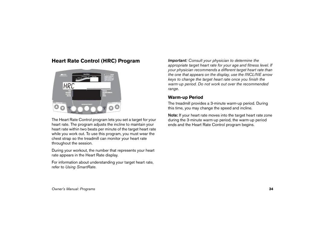 Precor M9.33 manual Heart Rate Control HRC Program, Warm-up Period 