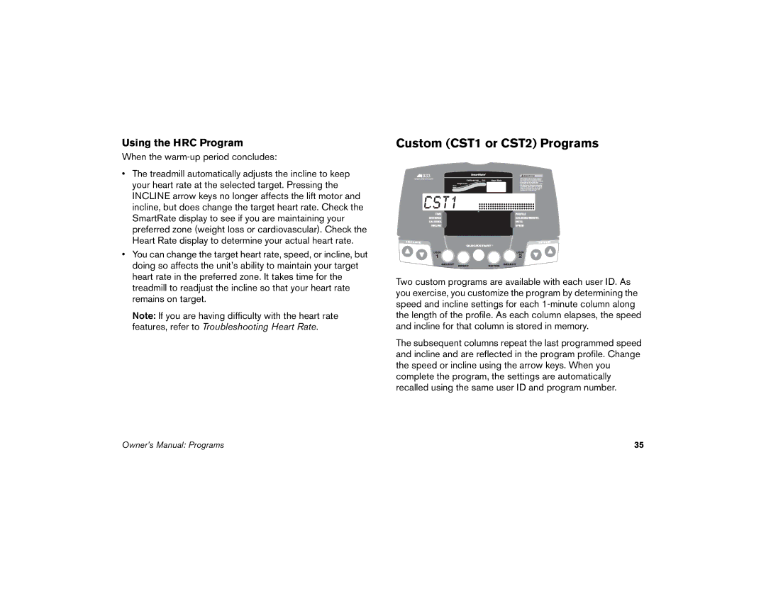 Precor M9.33 manual Custom CST1 or CST2 Programs, Using the HRC Program 