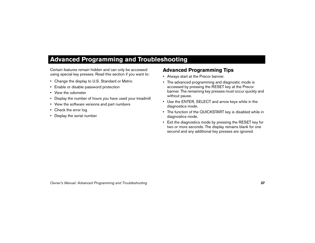 Precor M9.33 manual Advanced Programming and Troubleshooting, Advanced Programming Tips 