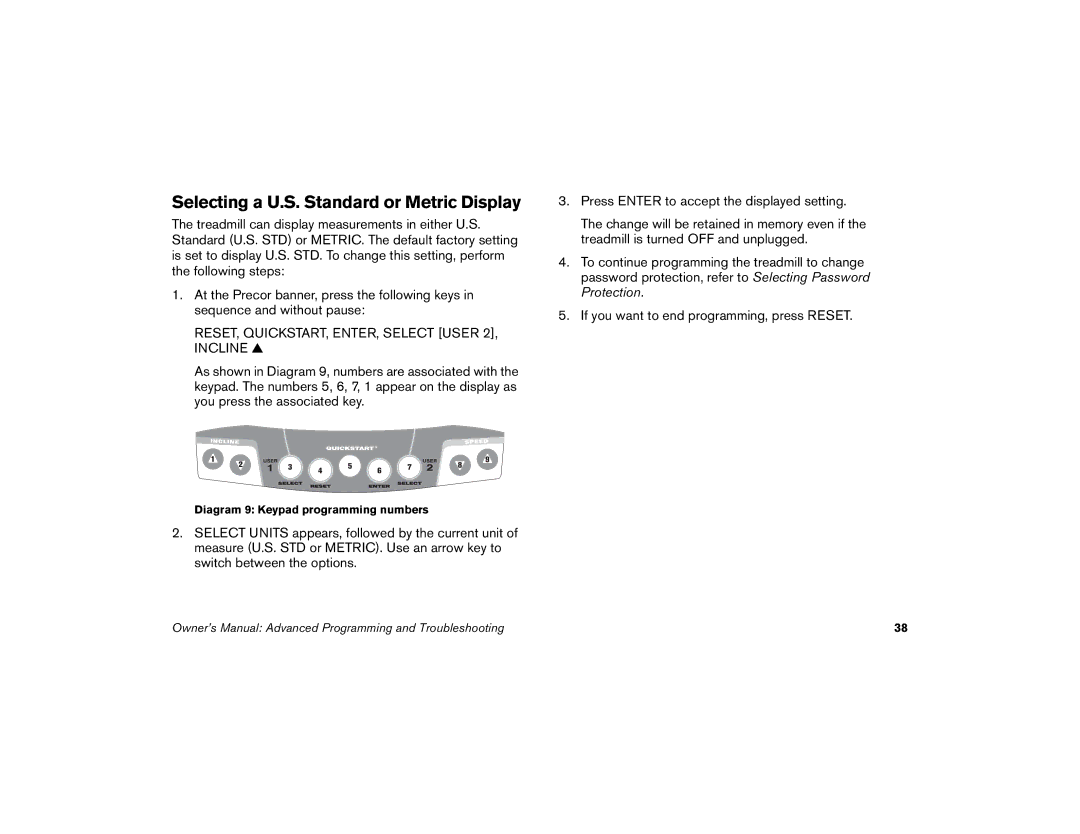 Precor M9.33 manual Selecting a U.S. Standard or Metric Display, RESET, QUICKSTART, ENTER, Select User 2, Incline 