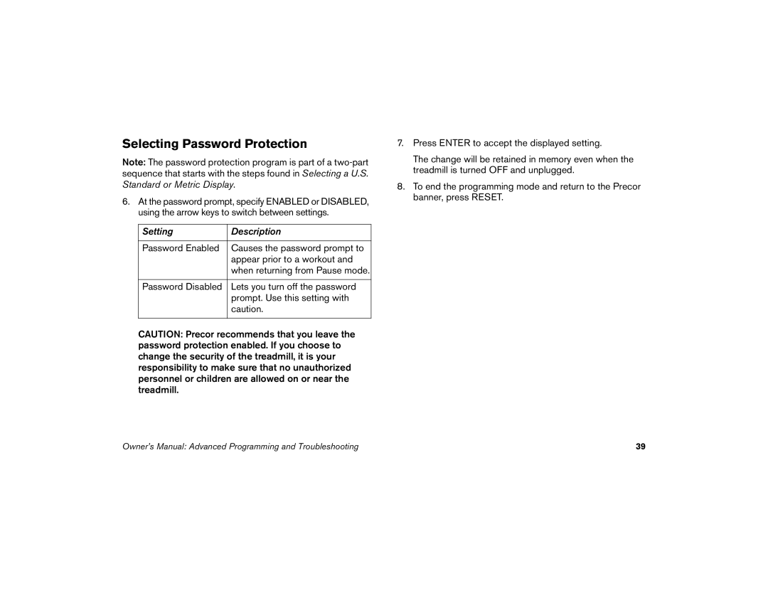 Precor M9.33 manual Selecting Password Protection 