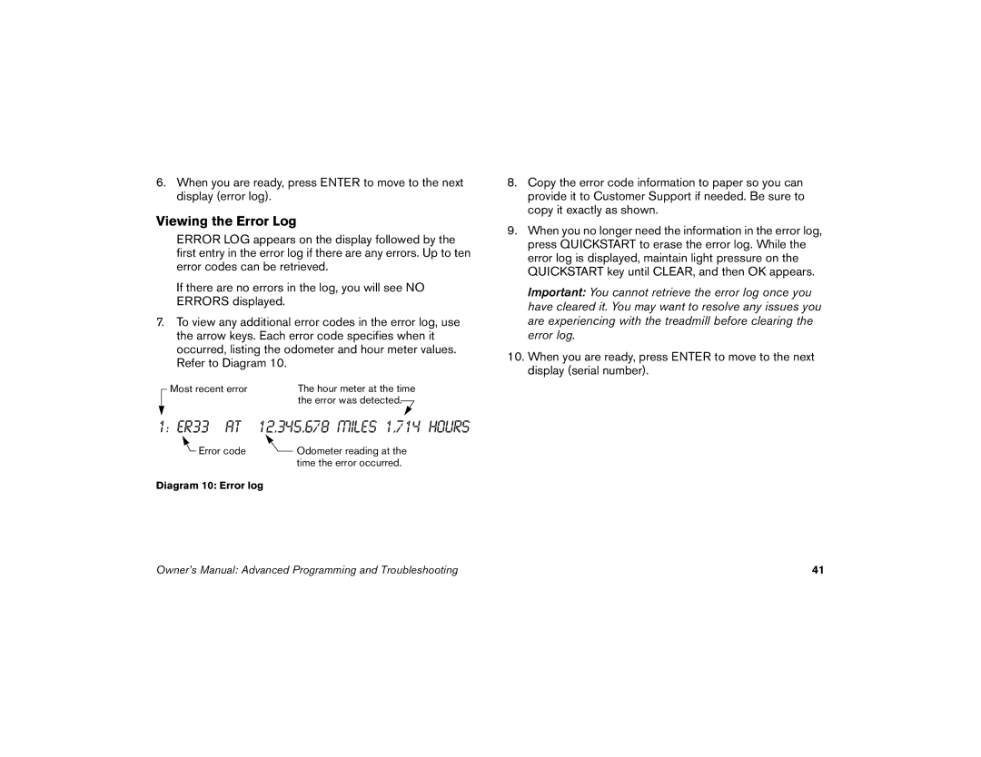 Precor M9.33 manual ER33 AT 12,345,678 Miles 1,714 Hours, Viewing the Error Log 